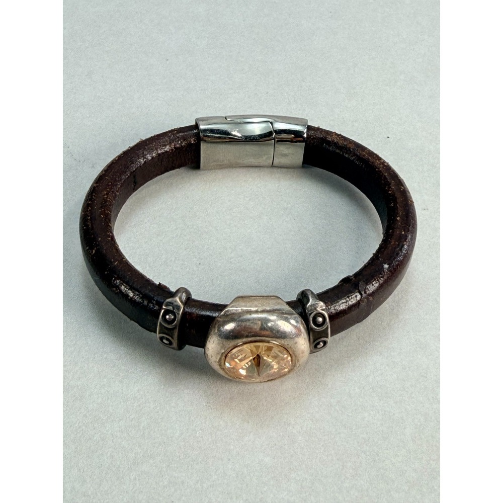 Brown Leather Bracelet Champagne Crystal Silver Tone Magnetic Clasp Statement